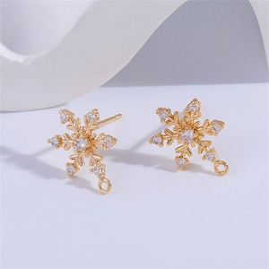 18K Gold Plated CZ Snowflake Earring Setting, Gold Plated Floral Earring Stud, Blossom Ear Post, Post Earring w/ Closed Loop, Earring Making