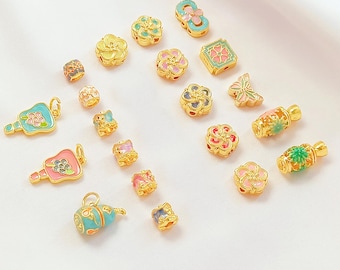 18K Gold Plated Enamel Peach Blossom Bead, Floral Bead, Flower Bead, Bloom Bead, Square Clover Bead,Lucky Leaf Bead,Vase Spacer for Bracelet