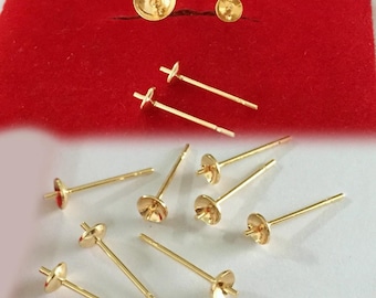 14K Gold Plated Pearl Cup Earring Post with Notch, Gold Tone Cup Earring Stud with Peg Mountings, Ear Post Cup 4mm 6mm, Earring Settings