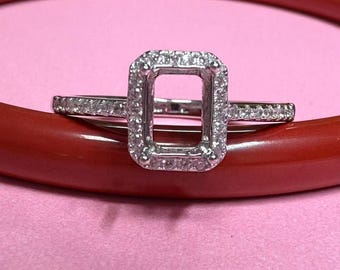 Sterling Silver Halo Ring Settings, s925 Silver Rectangle Ring Head, Four Prong Ring Setting with Claw, Delicate Ring, Closed Ring 5*7mm