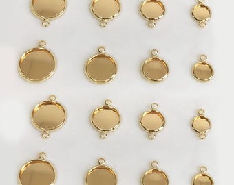 14K Gold Plated Round Bezel Pendant Settings, Jewelry Connector, 6-12mm