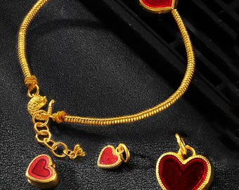 Vintage Gold Plated Red Enamel Heart Charm Pendant, Heart Bracelet, Love Necklace, Sweetheart Earring, Valentine Jewelry, Romantic Charm