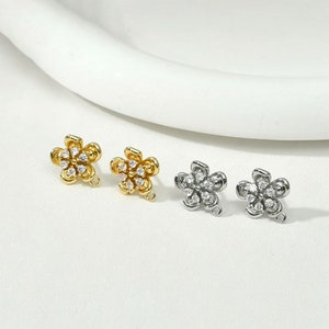 14K Gold Plated CZ Flower Earring Post, Gold Plated Floral Earring Stud, Blossom Ear Post, Post Earring wiith Closed Loop, Earring Setting