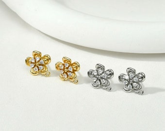 Perno per orecchini a forma di fiore in zirconia cubica placcato oro 14K con anello chiuso, perno per orecchini floreale, perno per orecchini a forma di fiore, perno per orecchini, orecchini da