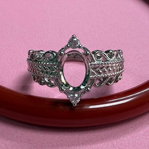 Sterling Silver Flower Ring Settings, 925 Silver Oval Ring Head, Four Prong Ring setting with Claw, Oval Bezel Ring Band, Ring Base 6*8mm