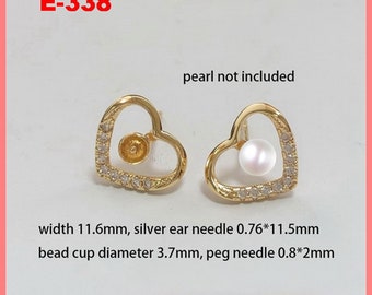 14K Gold Plated CZ Heart Earring Settings, Love Earring Post