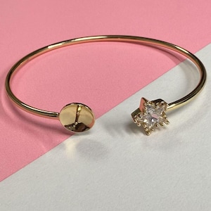 14K Gold Plated Bangle Bracelet Settings, Gold Tone Star Bangle Bracelet, Adjustable & Open Bangle with Cup and Peg for Half Drilled Pearls