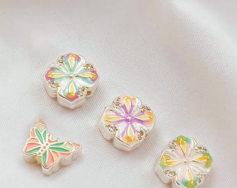 Silver Plated Enamel Butterfly Bead, Bracelet Bead Spacer, Winged Bead, Insect Bead, Animals Bead, Flying Bead, Nature Bead, Four Leaf Bead