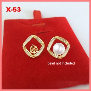 14K Gold Plated CZ Zircon Square Earring Settings, Gold Tone Earring Post, Geometric Ear Post with Cup and Peg for Half Drilled Pearls Bead