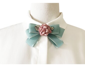 Pink Flower Bowknot bow tie brooch, Mint green Ribbon brooch tie pin, Hand made Ribbon broach, Women bow tie accessories decor