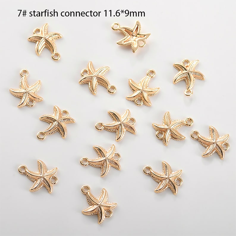 May include: A set of 14 gold-toned starfish connectors, each measuring 11.6 mm by 9 mm. The connectors have two loops on each side, allowing them to be attached to jewellery or other crafts.