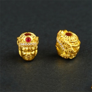 1pc 18K Solid Gold CZ Buddha Head Bead, Buddhist Bead, Religious Bead, Ancient Bead, Protection Bead, Legends Spacer for Bracelet 7.4*9.6mm