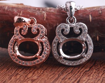 1Pc Sterling Silver Pendant Setting, CZ Pave Teapot Rabbit Bezel Blank, Oval Prong Cabochon Base for Amber Jade Emerald, DIY Jewelry Finding
