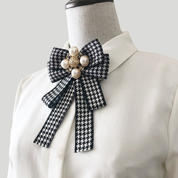 Houndstooth Bow Tie Brooch With Pearl Pearl Bow Brooch Tie - Etsy Canada