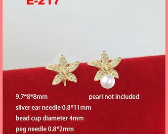 14K Gold Plated Flower Earring Post, Gold Tone Floral Earring Stud, Blossom Ear Post with Cup and Peg for Half Drilled Pearl Beads