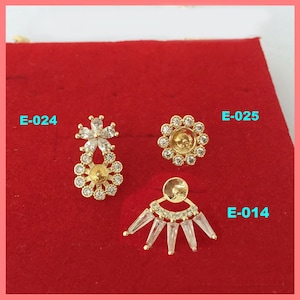 14K Gold Plated CZ Flower Earring Post, Gold Tone Floral Earring Stud, Sector Ear Post with Cup Peg for Half Drilled Pearl, Earring Setting
