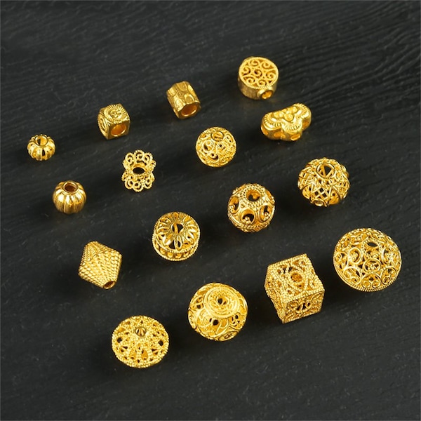 1pc 18K Solid Gold Flower Flat Round Beads, Solid Gold Spiral Bead, Swirl Bead, Cube Beads, Lantern Bead, Corrugated Spacer for Bracelet