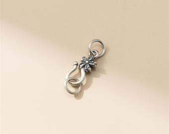 Sterling Silver Flower S-Hook Clasp, Antique Oxidized Floral Fishhook Closure, Double Jump Rings Connector for Bracelet Necklace