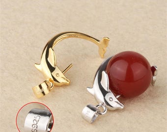 1Pc Sterling Silver Dolphin Pendant Setting, Peg Bail Pin Cup for 16-20mm Round Bead, Gold PlatedAnimal Charm Blank for Amber Pearl Jade DIY