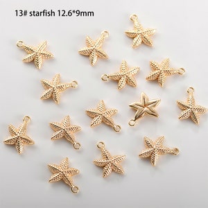 May include: Thirteen gold-tone starfish charms with a loop for attaching to jewellery or other crafts. Each charm measures 12.6 mm by 9 mm.
