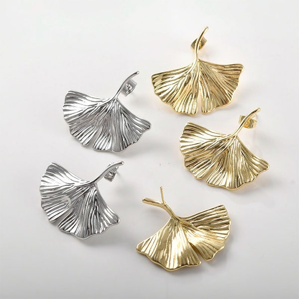 14K Gold Plated Ginkgo Leaf Earrings, Gingko Earrings, Gold Floral Earrings, Plant Gold Earrings, Gold Leaf Earrings, Leaves Stud Earrings