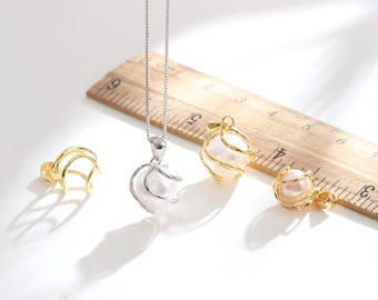 Sterling Silver Pearl Cage Pendant Setting, Empty Spiral Wire Wrap Charm Holder for Amber Bead, No Drill Floating Pearl Pendant Finding