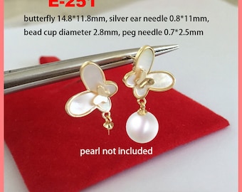 Gold Plated Shell Butterfly Earring Post, Pearl Setting