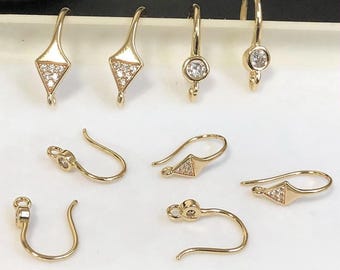 14K Gold Plated CZ Triangle Earring Hook with Open Loop, Gold Tone Round Ear Hooks, Zircon Earring Component, Ear Wire Hook, Earring Finding