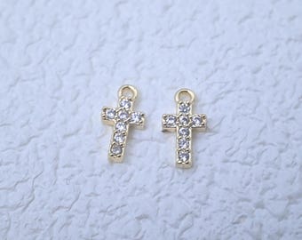 14K Gold Plated CZ Cross Charm, Faith Pendant, Punk Bracelet, Punk Earring, Christian Necklace, Catholic Jesus Charm, Religious Jewelry