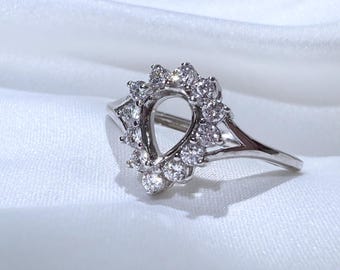 Sterling Silver Teardrop Halo Ring Setting, Adjustable Oval Bezel