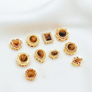 Cuentas de lágrima chapadas en oro de 18 quilates, cuentas de ojo de tigre, cuentas de piedras preciosas, cuentas rectangulares, cuentas redondas planas, cuentas de corazón, espaciador de pulsera