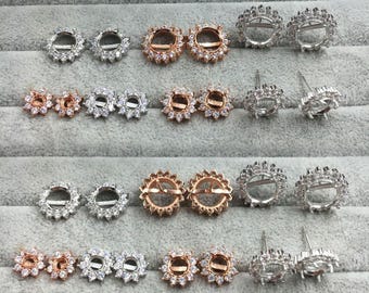 1pair Sterling Silver Flower Earring Post with Four Prong, Round Bezel Cup, Cabochon Setting, DIY Jewelry