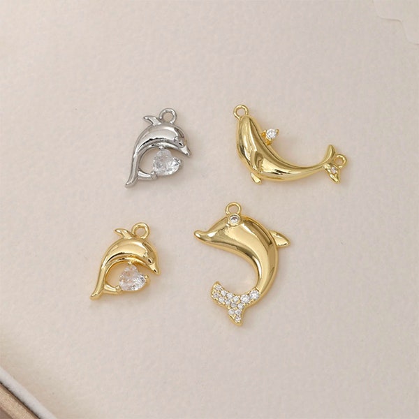 14K Gold Plated Dolphin Charm w/ CZ heart zircon, Gold Tone Animal  Pendant, Ocean Bracelet, Sealife Necklace, Jumping Dolphin Earring
