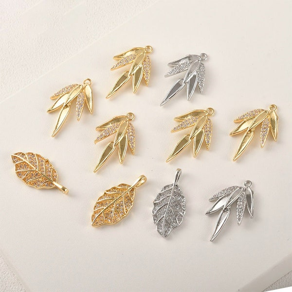 14K Gold Plated Cz Bamboo Leaf Charm, Gold Leaf Pendant, Plant Earring Pendant For Jewelry Making Necklace Bracelet