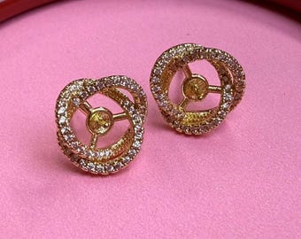 14K Gold Plated CZ Flower Earring Posts, Blossom Ear Stud Setting