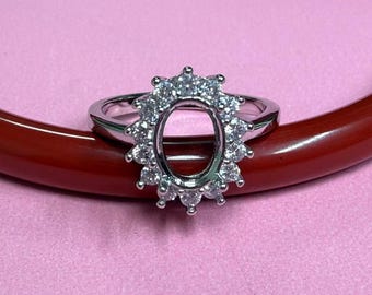 Sterling Silver Halo Ring Setting, Oval Bezel, Claw Prong, 6x8mm