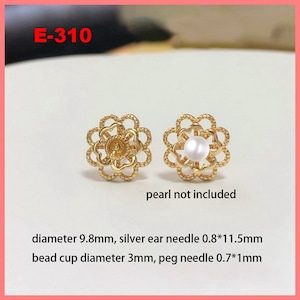 14K Gold Plated Flower Earring Post, Gold Tone Floral Earring Stud, Blossom Ear Post with Cup and Peg for Half Drilled Pearl,Earring Setting