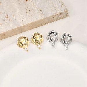14K Gold Plated Copper Round Earring Post with Closed Loop, Geometric Earring Stud, Irregular Ear Post, CZ Zircon Post Earring Settings