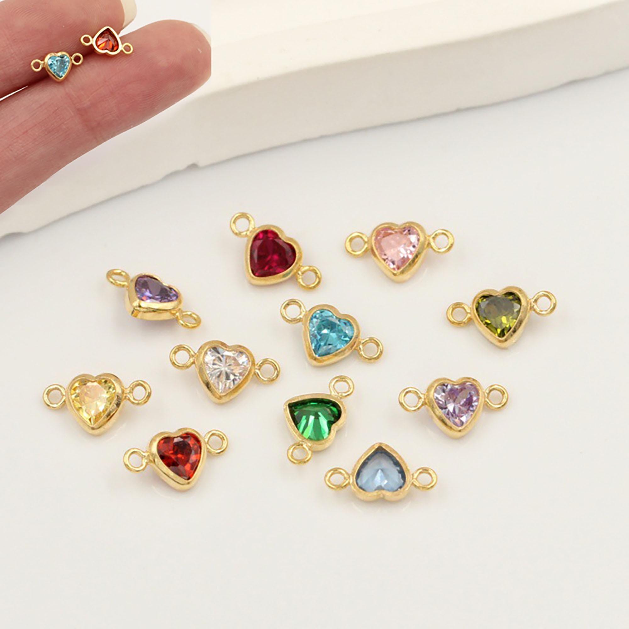 14K Gold Filled CZ Zircon Heart Connector Charm, Birthstone