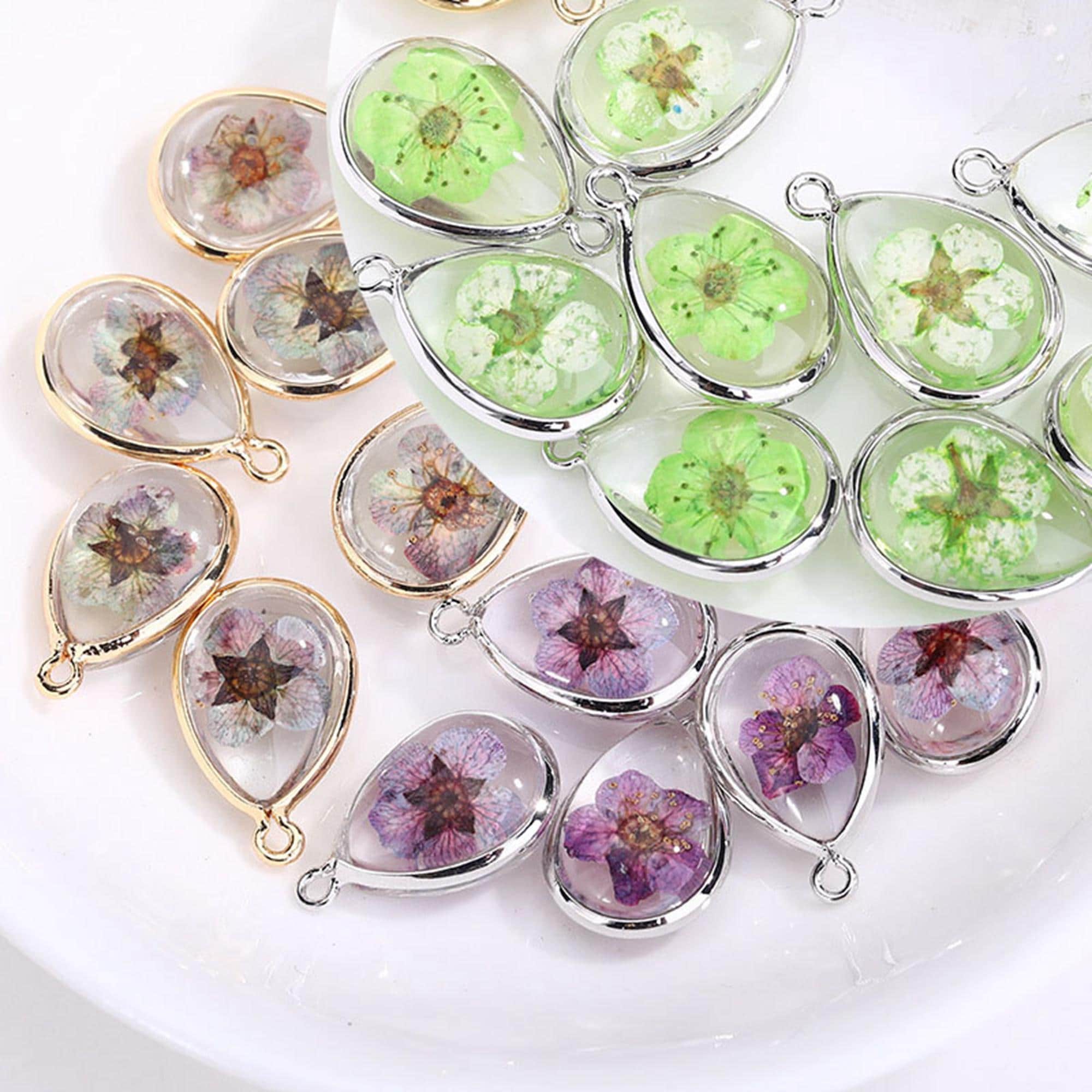 Gold Plated Round Flower Connector, Teardrop Charm, Dried Flower…