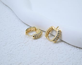 14K Gold Plated CZ Hoop Earring Setting, Half Drilled Pearl Peg