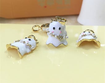 14K Gold Plated Cute Ghost Charm, Enamel Ghost Pendant, Spooky Kawaii Halloween Earring Necklace Bracelet Finding