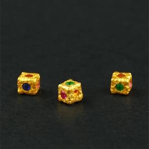 1pc 18K Solid Gold CZ Colorful Gems Cube Beads, Solid Gold Block Bead, Hammered Bead, Cubic Beads, Geometric Spacer Beads for Bracelet