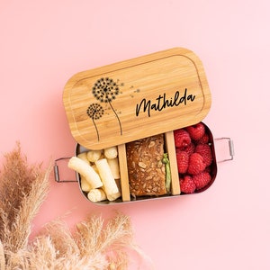 Brotdose Pusteblume, Brotdose Kinder, Schulanfang Mädchen, Vesperdose personalisiert, Brotdose mit Name, Brotdose Edelstahl mit Trennwand