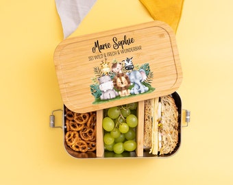 Personalisierte Brotdose Aus Edelstahl – Mit Trennwand, Bambusdeckel & Individuellem Druck, Safari-Design