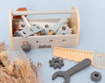 Boîte à outils en bois, boîte à outils avec nom, garçon de jouets en bois, cadeau de baptême, garçon d'anniversaire