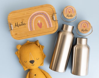 Brotdose und Trinkflasche personalisiert, Brotdose Regenbogen, Brotdose Mädchen, Geschenk Kind 3 Jahre, Trinkflasche personalisiert