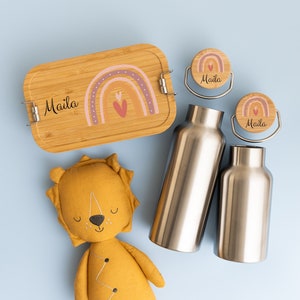 Brotdose und Trinkflasche personalisiert, Brotdose Regenbogen, Brotdose Mädchen, Geschenk Kind 3 Jahre, Trinkflasche personalisiert