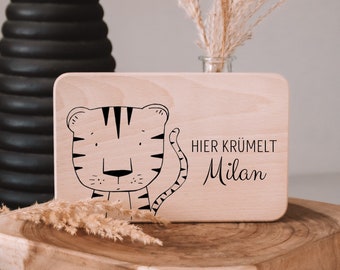 Frühstücksbrett personalisiert Kinder,  Brettchen Tiger, Holzbrett personalisiert, Babygeschenk Geburt, Frühstücksbrett