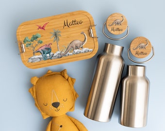 Brotdose und Trinkflasche personalisiert, Brotdose Dino, Brotdose Junge, Geschenk Kind 3 Jahre, Trinkflasche personalisiert